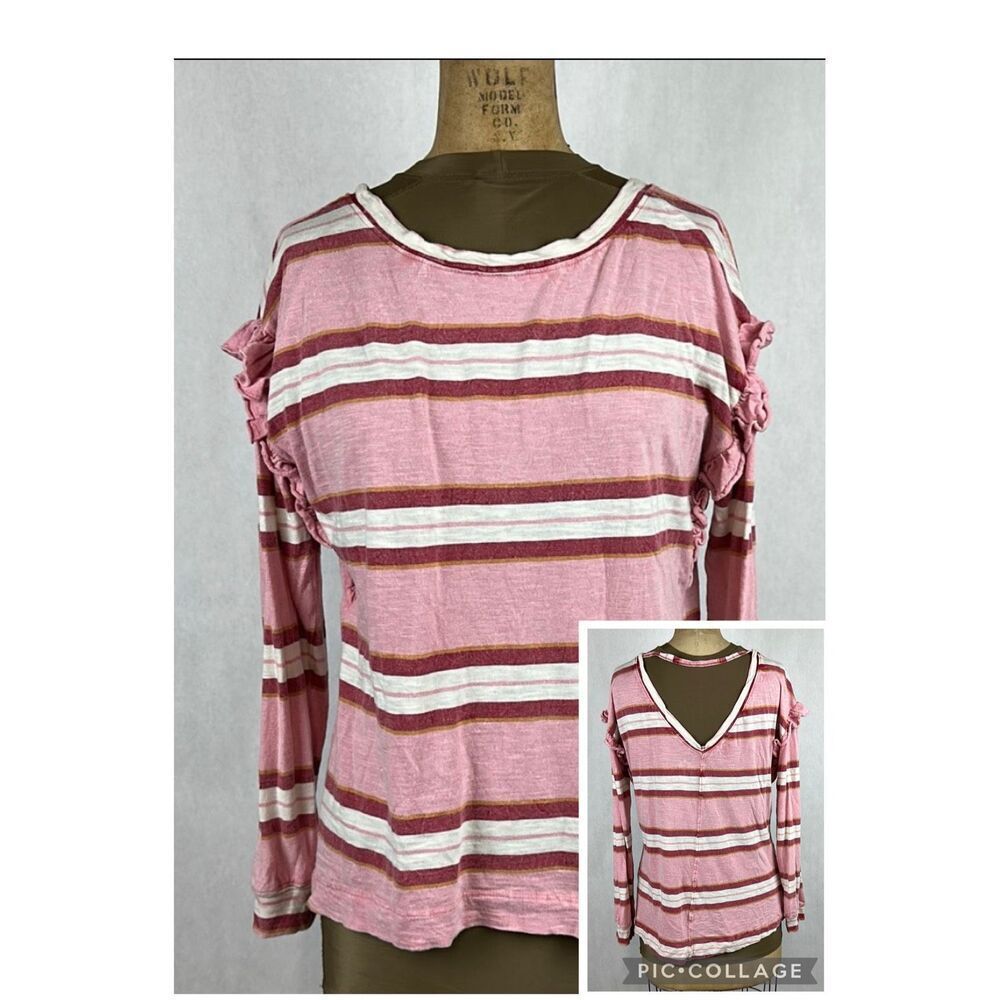 Pilcro Womens Top Sz S Pink Red White Stripe Ruffle Long Sleeve V Anthropologie